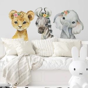 Baby Animal Wall stickers for Nursery or girls room - elephant zebra lion floral